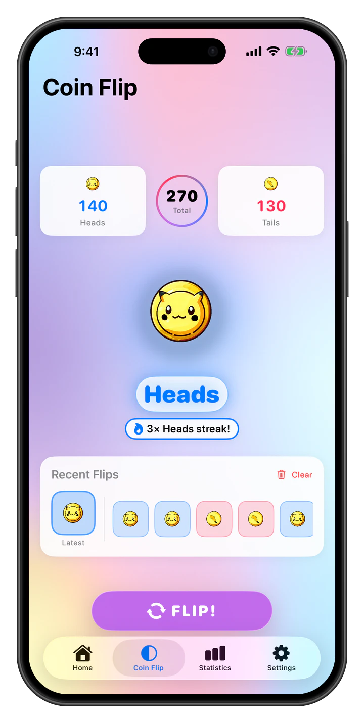 The PokeCountr coin flip with heads and tails totals, a streak and recent flips