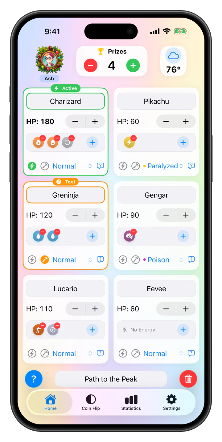 The PokeCountr match board: HP, energy and status for six Pokémon, prizes and the Stadium