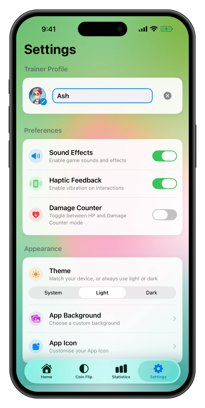PokeCountr settings: trainer profile, sounds, haptics, damage counter and appearance